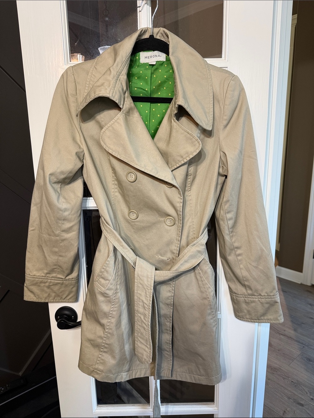 MERONA Classic Tan Double Breasted Short Trench Coat w/Belt M Capsule Minimalist
